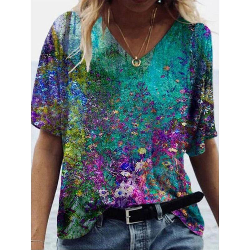 Sommer Graffiti Blume 3D-gedrucktes Kurzarm Damen V-Ausschnitt Buntes Lässiges Vielseitiges T-Shirt
