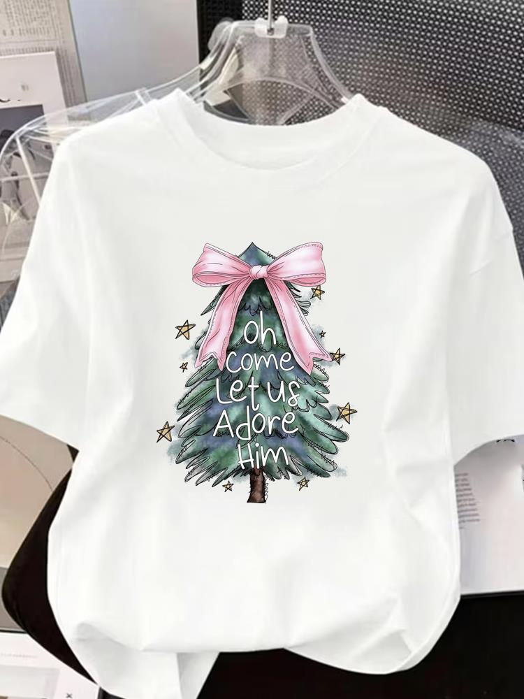 (Asian Size) Letter Tree 90s Short Sleeve T-shirts Women's Top O-neck T Shirt Print Merry Christmas Fashion Casual New Year Clothing Graphic Tee
