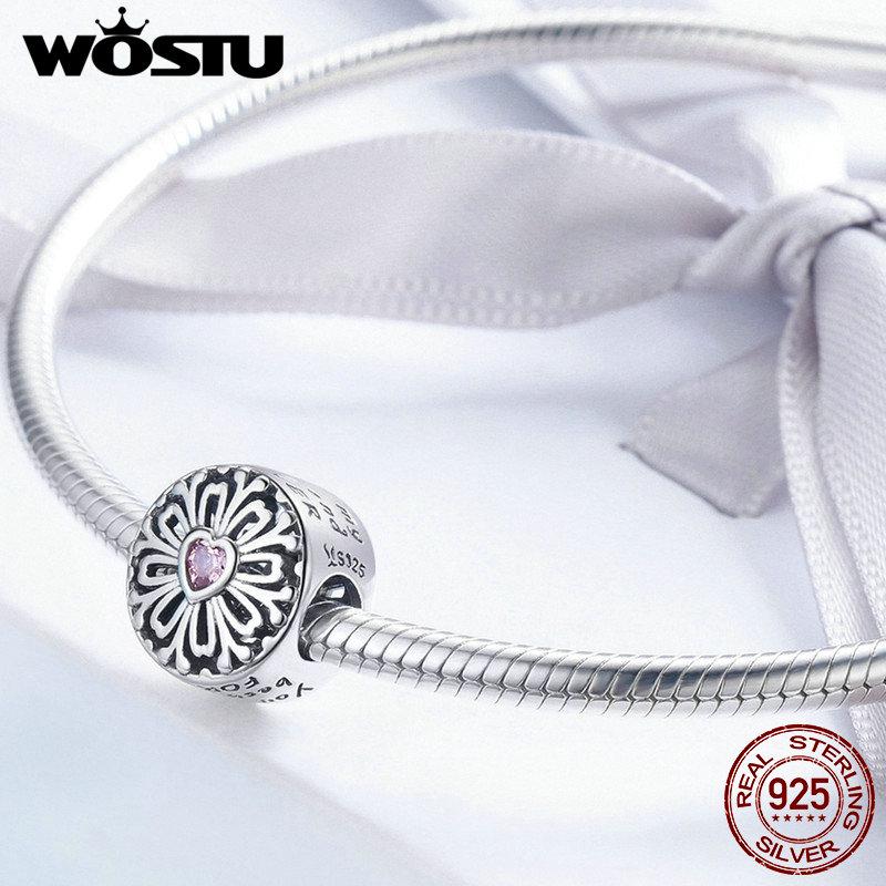 WOSTU Cuentas de flores caladas con forma de corazón rosa de plata de ley 925 100 % compatibles con pulseras originales DIY.