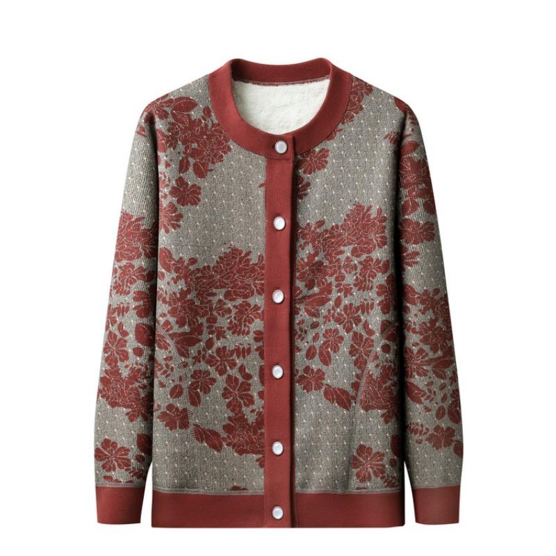 Middle-aged Autumn New Velvet Knitted Sweater Jacket Female Grandma Thickened Top Year-old 0 Crew Neck Cardigan Sweater