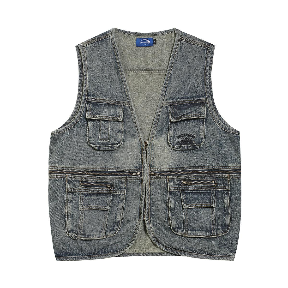 Men s new American retro trendy brand washed denim tooling tactical vest men s three-dimensional pocket M синий