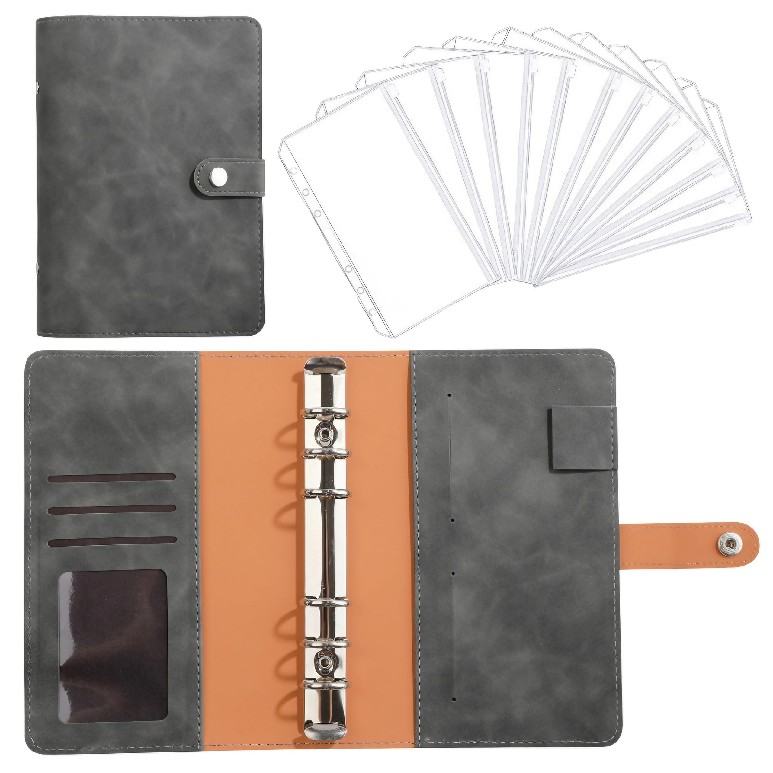 

East Leaf 6-Ring A6 Binder for Household Finance, Planner, and Accounting, with 12 Loose-Leaf Pockets for Cash, Receipts, and Slips, Gray