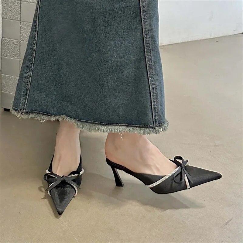 Eilyken Butterfly-knot Woman Slippers Pumps Design Style Low Heels Ladies Pointed Toe Shoes Mules Crystal Slides