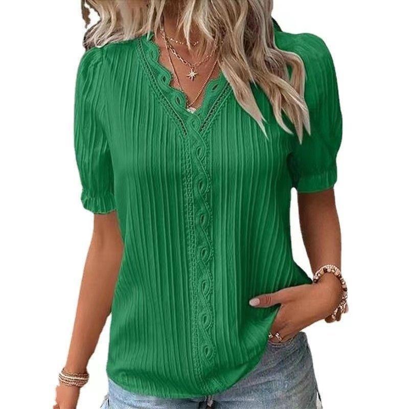 Summer New Holiday Fashion Hollow Solid Color Elegant Short-sleeved V-neck Women's Shirt