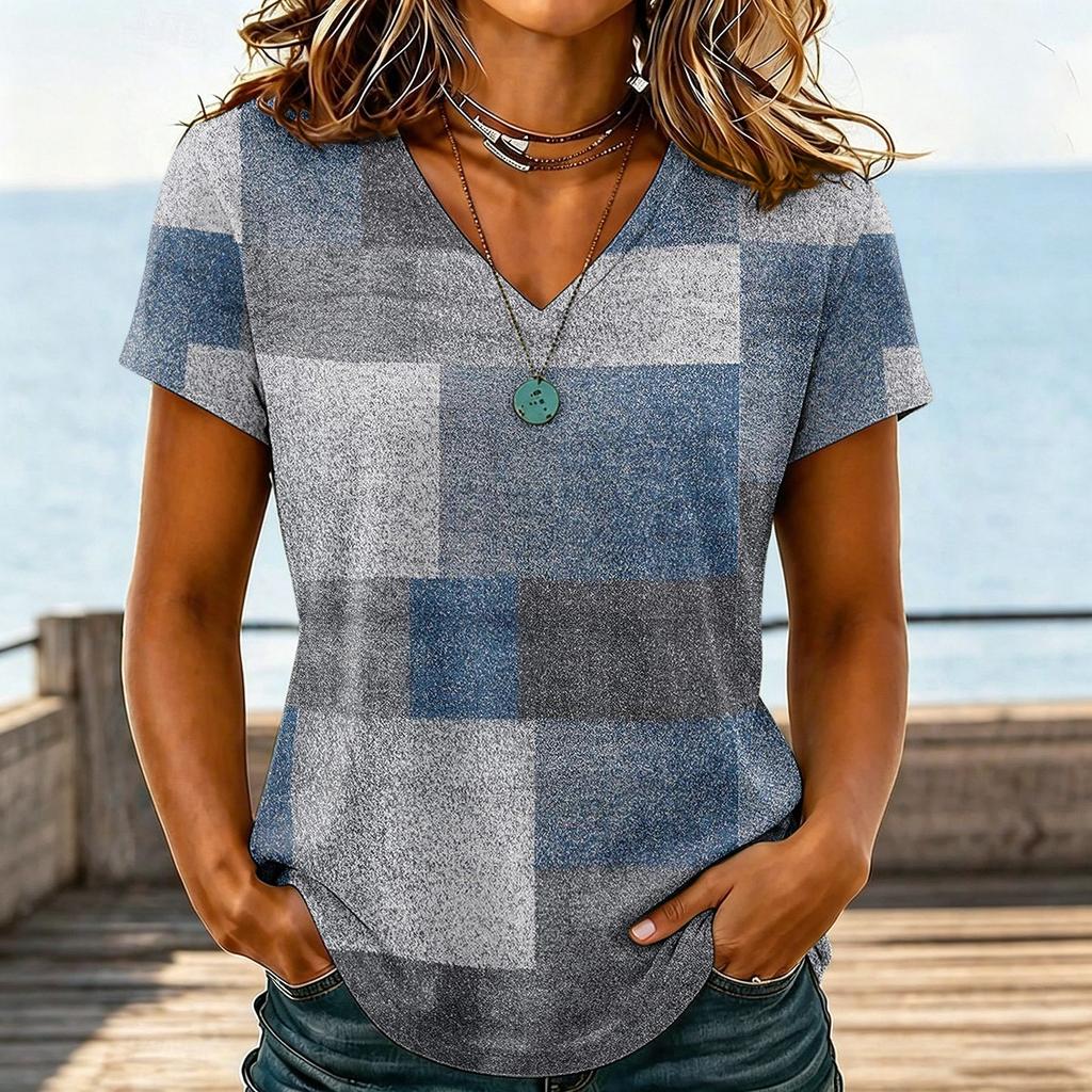 Damen Casual V-Ausschnitt Blumenprint Kurzarm T-Shirt Leichter Weicher Stoff Lockere Passform Oberteil für den Alltag
