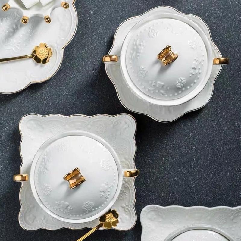 European Embossed Butterfly Ceramic Bowl with Lid & Double Handles, Breakfast, Dessert & Oatmeal Bowl