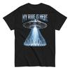 Funny Alien UFO My Ride Is Here Graphic T-Shirt Unisex Black Retro Tee All Sizes