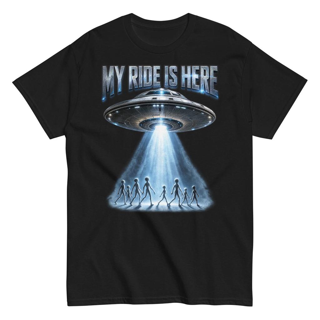 Funny Alien UFO My Ride Is Here Graphic T-Shirt Unisex Black Retro Tee All Sizes