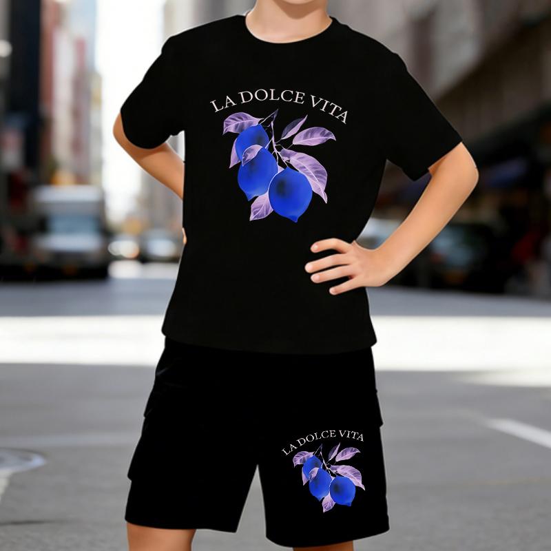 

Boys 2 Piece Lemon Printed Outfit, Short Sleeve T-Shirt and Shorts Set for Kids Age 5-14,Black , White Sporty Casual Summer Clothes 5-6 Years чёрный