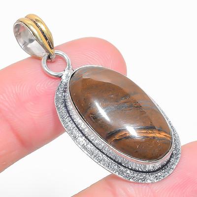 Natural Tiger Eye Gemstone Two Tone 925 Sterling Silver Pendant 1.77" L9o06