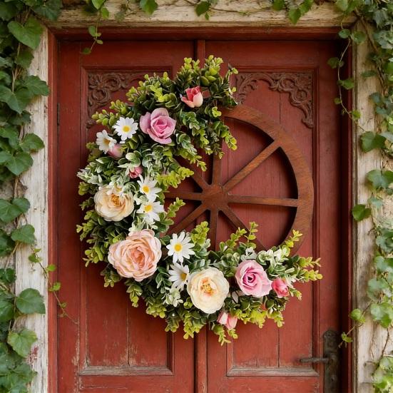 Artificial Flower Wagon Wheel Wreath Spring Floral Wooden Wheel Wreath Outdoor Welcome Sign for Valentine's Day Front Door Wall Home Porch Decor