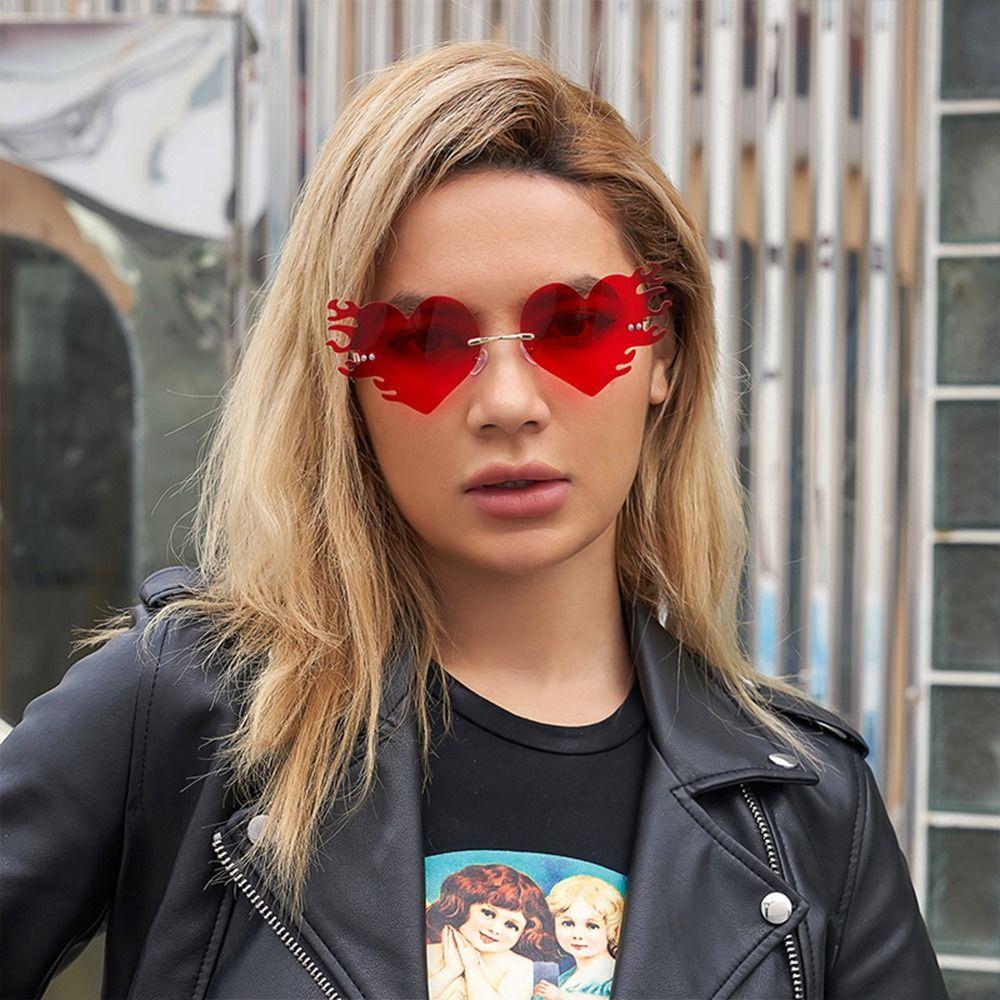 Costume Accessories Fire Heart Shaped Sunglasses Rimless Halloween Glasses  for Women & Men