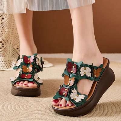 Fashion GKTINOO Genuine Leather Summer Shoes Women Slippers Wedges Outside Slides Flowers 2025 New Handmade Concise Ladies Slippers