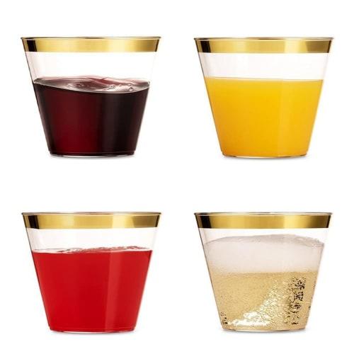 CUTEECO Golden Plastic Cups, 9oz Disposable Cups, Plastic Wine Glasses, Party Cups, Clear Plastic Cups for Parties