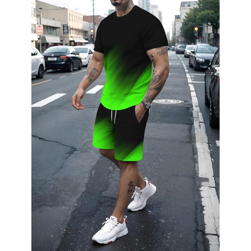 Men's 3D Gradual Change Short Sleeve Suit Running Moisture Wicking Round Neck T-Shirt Training Exercise Set Sport Shirt Tops