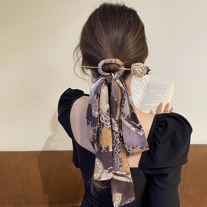 New Silk Scarf Printed Hair Sticks Chinese Style Elegant Women's Long Ribbon Hair Band Bandana Hair Stick Clip Hair Accessories