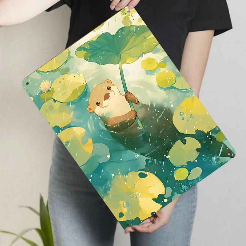 

Cute Otter Holding Lotus Leaf in Rain Metal Wall Art Home Decor Animal Theme Hanging Painting 20x30cm（7.8x11.8inch）