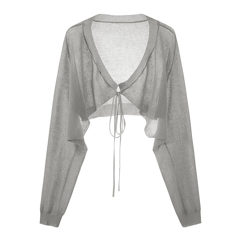 

Knitting Cardigan Women s Summer Ice Silk Thin Suspender Skirt Outer Shawl Short Long Sleeves Shoelace Sun Protection Shirt Small Coat Gray M