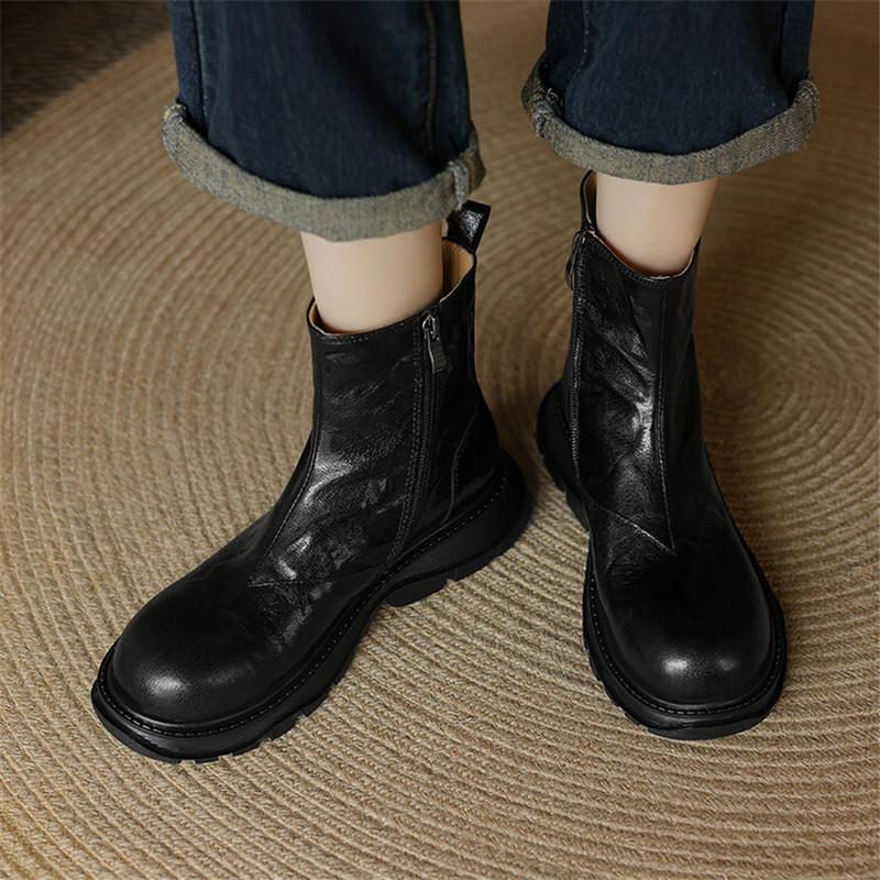 Fashion New Autumn Winter Genuine Leather Women Boots Fashion Chelsea Boots for Women Round Toe Short Boots Platform Shoes Botines Mujer