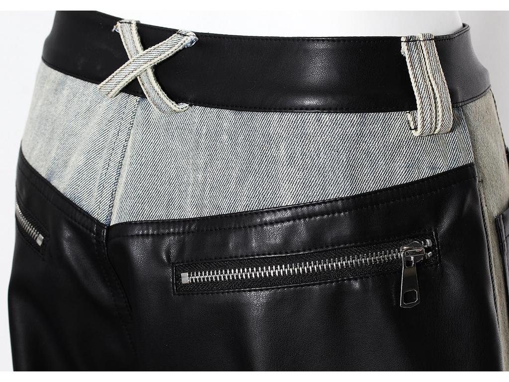 Women's Retro Washed Straight-Leg Jeans with Leather Splice, Contrasting Colors - 2025 Spring Street Style.