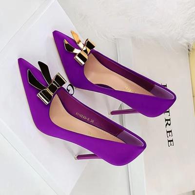 Fashion Luxury Women's Pumps Metal Butterfly-Knot Decoration Pointed Toe Silk Shallow Mouth Ladies Stiletto Shoes Banquet Party Heels