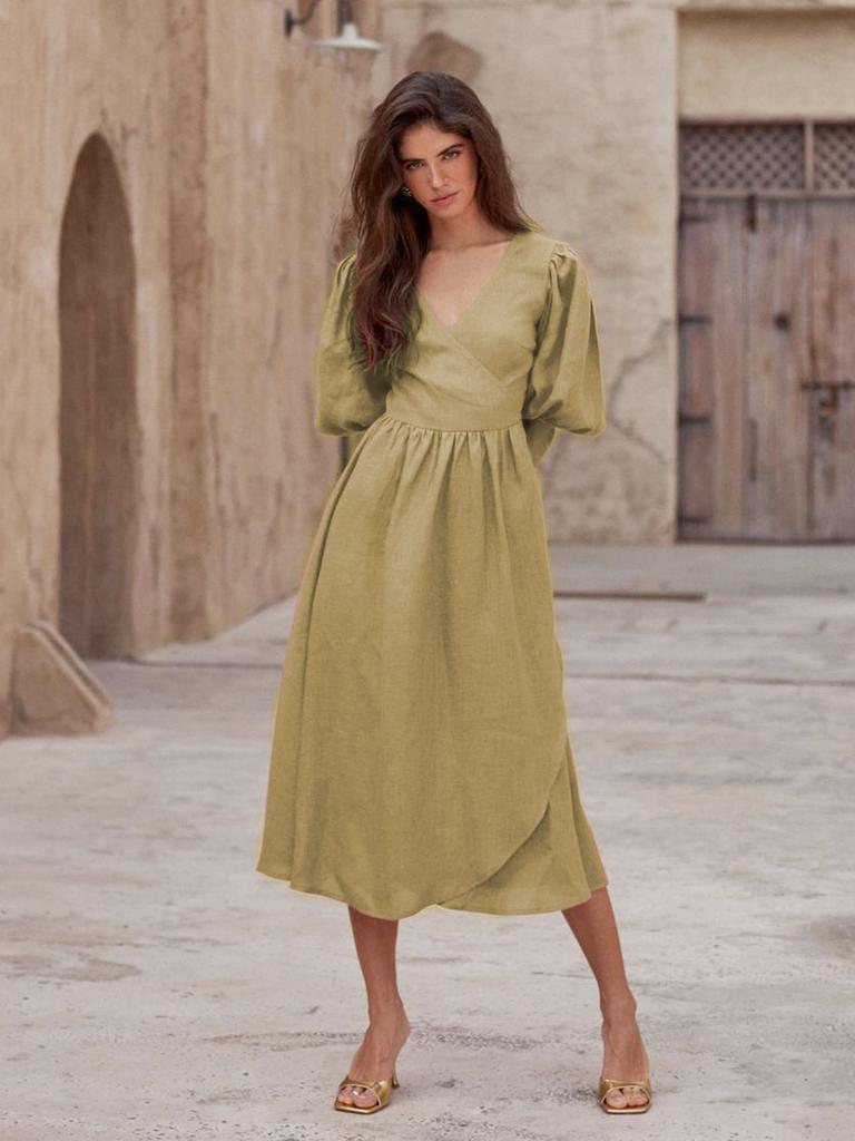 Pure cotton lace-up five-quarter-sleeved long dress, European and American spring and summer new bubble-sleeved dress, long dress for women