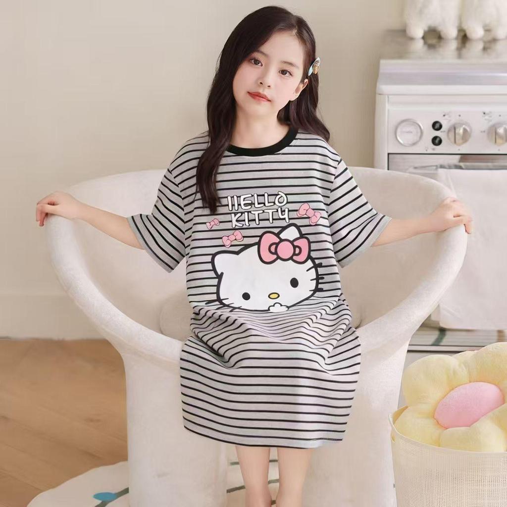 Cartoon Style Girls' One-Piece Summer Nightgown - Thin, Cute, Soft for Medium/Older Kids, Ideal for Home Air Conditioning.