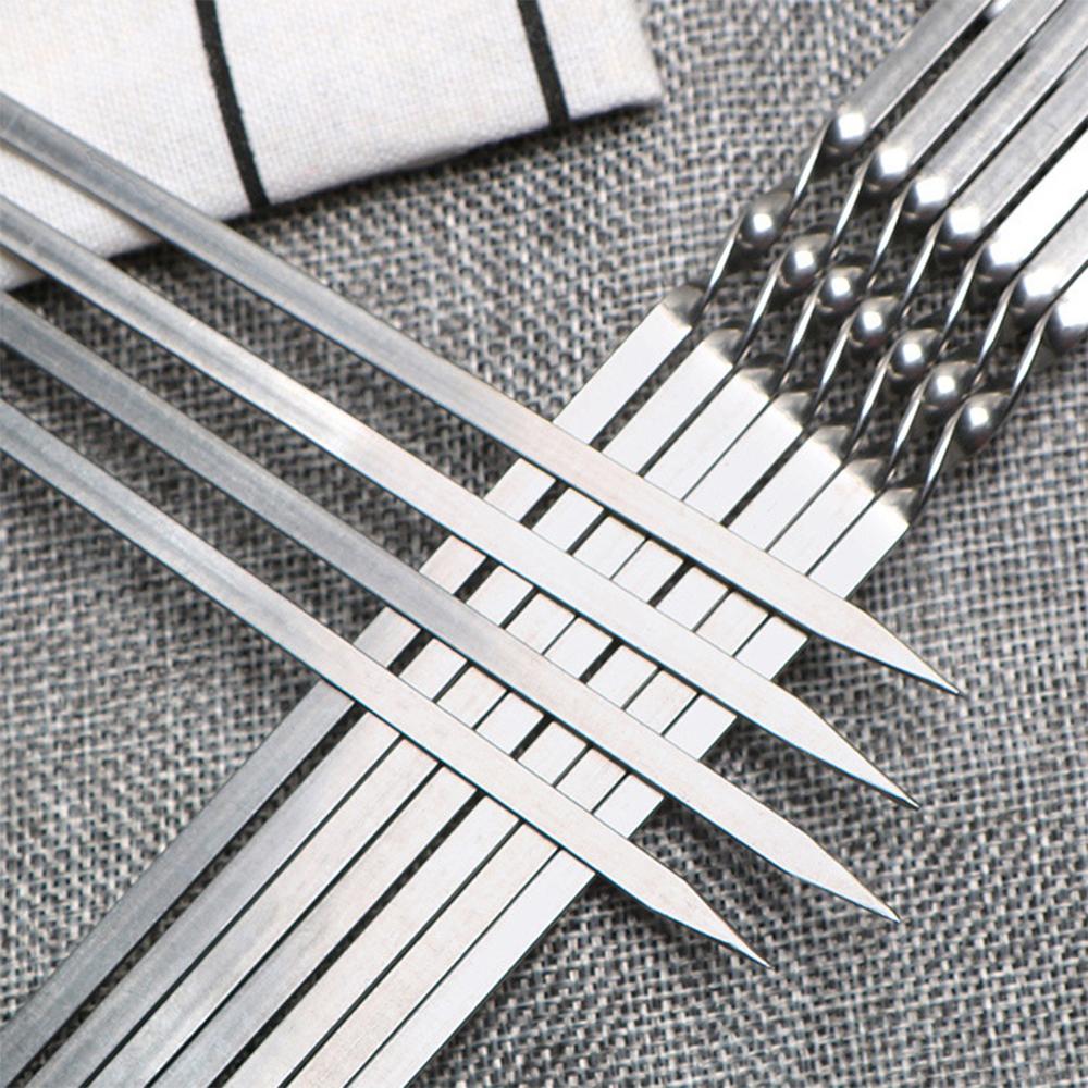 10pcs 38cm Stainless Steel Skewers Flat Meat BBQ Skewers Outdoor BBQ Barbecue Skewer Roasting Fork
