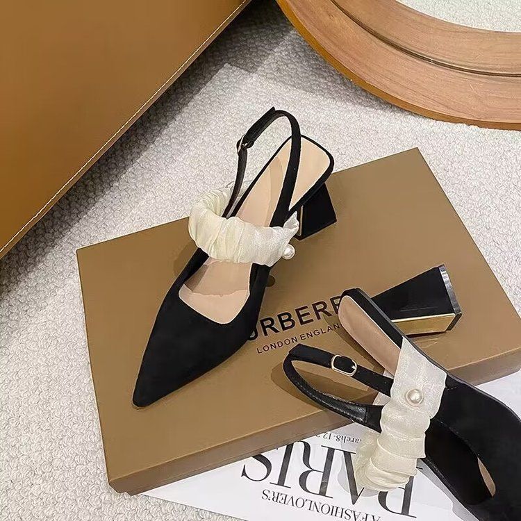 

Black high-heeled shoes for women s new summer wear in 2025, shallow French pointed thick-heeled bag-head sandals. 40