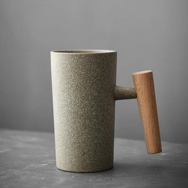 Ceramic Mug with Wooden Handle Coffee Cup Oatmeal Breakfast Cups Couple Water Cups Milk Mug Milk Tea Cup Juice Glasses Tea Mugs