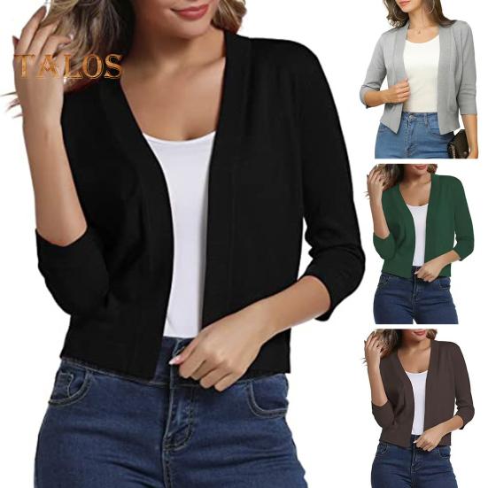 Women Knitting Cardigan Collarless 3/4 Sleeve Short Knitting Jacket Solid Color Open Stitching Knitted Outerwear