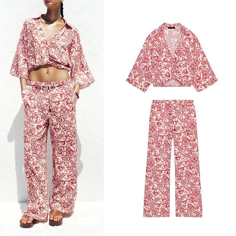 Print Vacation Style Lapel Casual Short Top 3408587 Vacation Style Print Wide Leg Pants 3401587