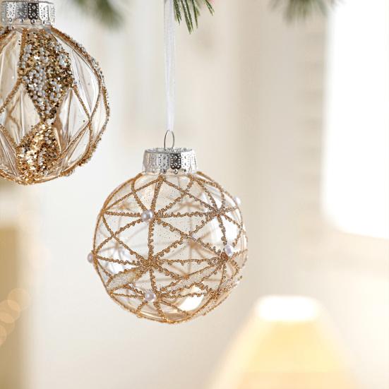 Christmas Ball Ornament Faux Pearl Glittery Tree Decoration Festive Hanging Baubles with Rope Party Decor