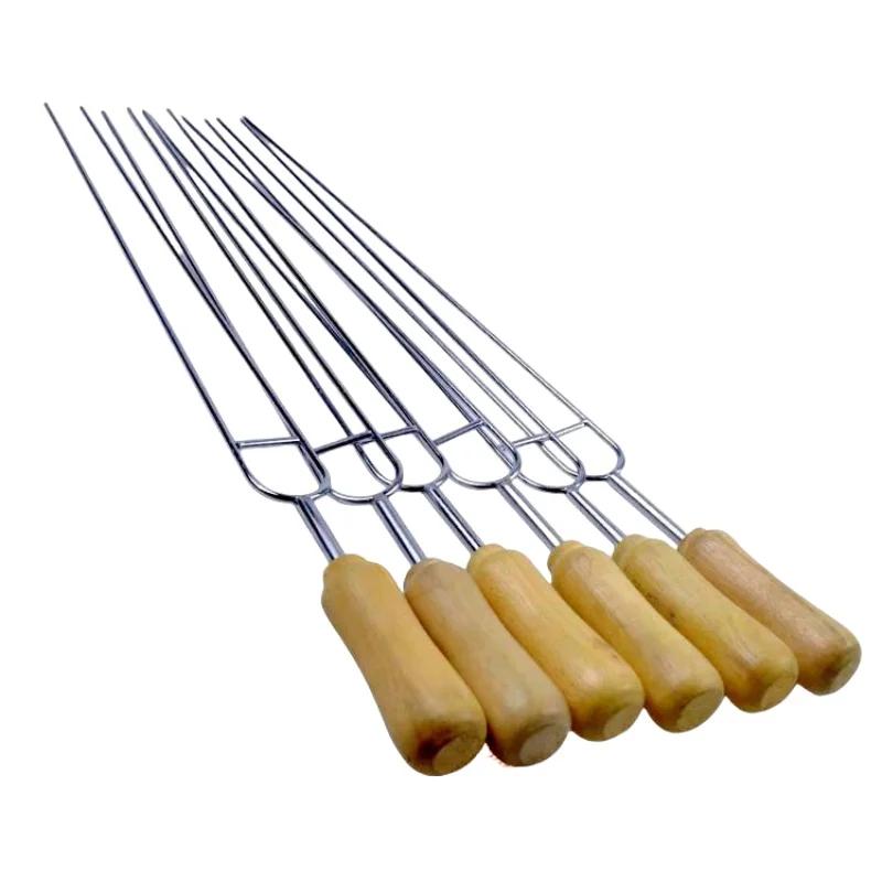 39cm 6pcs BBQ Skewers Long Wooden Handle Kebab Barbecue Grill Stick Wood BBQ Fork Stainless Steel Outdoors Grill Needle