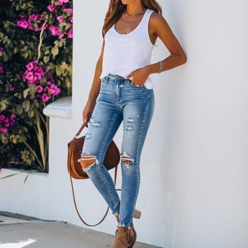Ripped Slim-fit Washed Torn Pants Women's Jeans Trousers