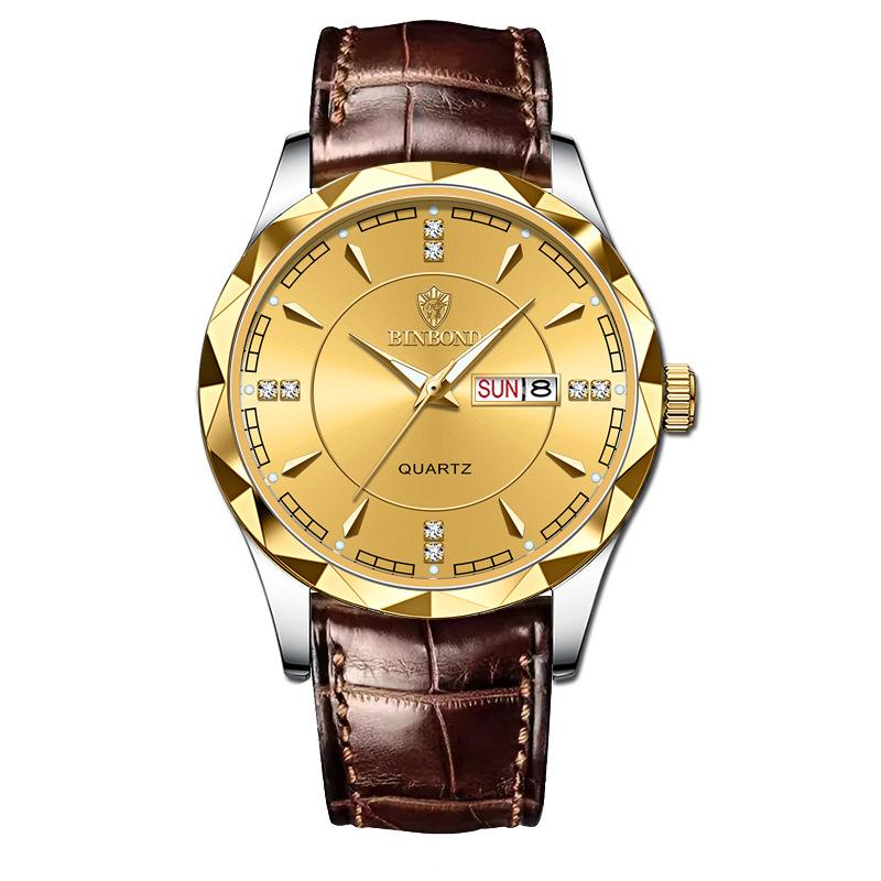 Men's Watch Gold Watch Steel Belt Double Calendar Week Quartz Watch Men's Watch