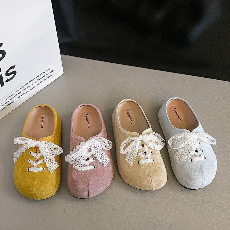Versatile Bow Bag Head Half Slippers Women'S Outer Wear French Retro Birkenstocks Lace Platform Spring