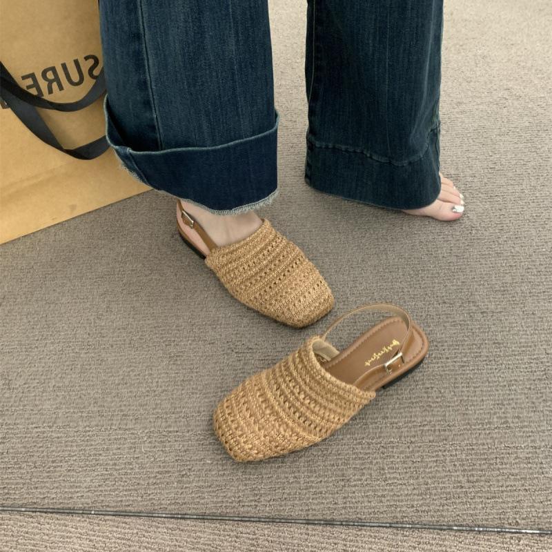 Bohemian Linen Woven Breathable Empty Bag Head Half Slippers Women's 2025 New Flat-bottomed Sandals
