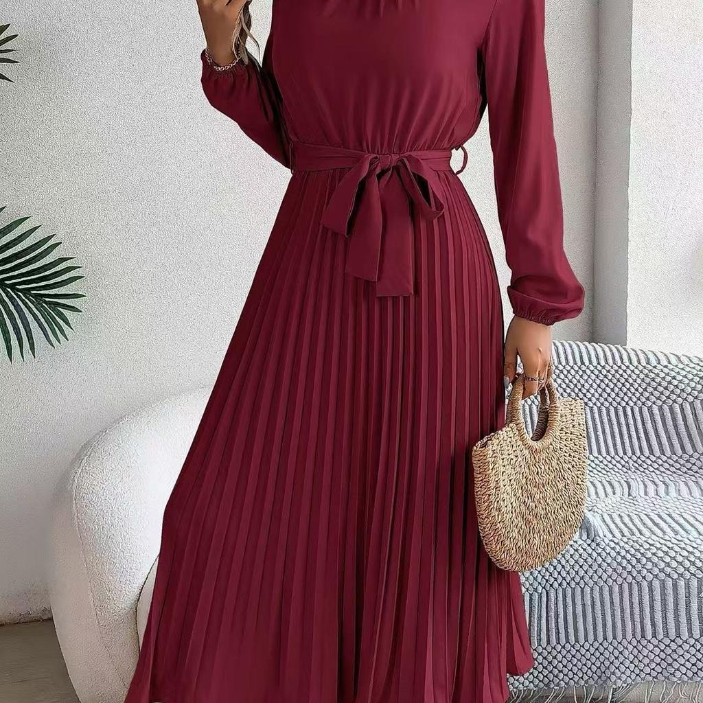 Autumn and Winter Elegant Stand-up Collar Long-sleeved Waist Pleated Long Dress Small Dress, Women's Clothing