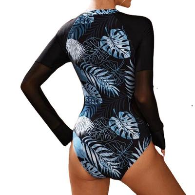 Swimsuit Mesh Splicing Long Sleeve Crew Neck Wetsuit Printed Zipper Triangle Surf Suit One-piece Swimsuit