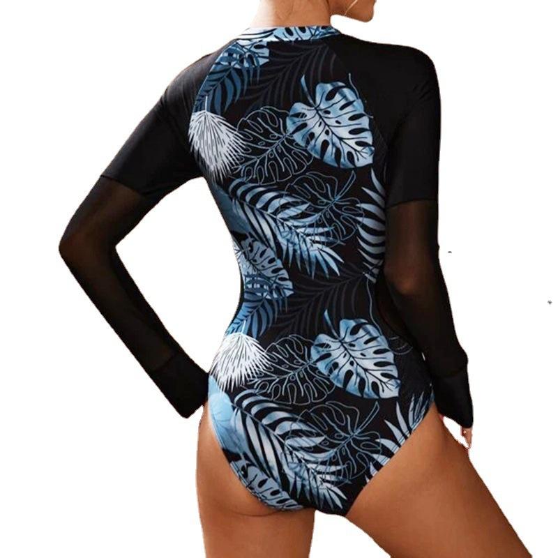 Swimsuit Mesh Splicing Long Sleeve Crew Neck Wetsuit Printed Zipper Triangle Surf Suit One-piece Swimsuit