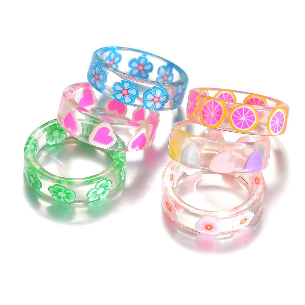 Koreanisches buntes transparentes Harz Acryl Ring Set für Damen Trendiger geometrischer dünner runder Ring Hochzeits Schmuck
