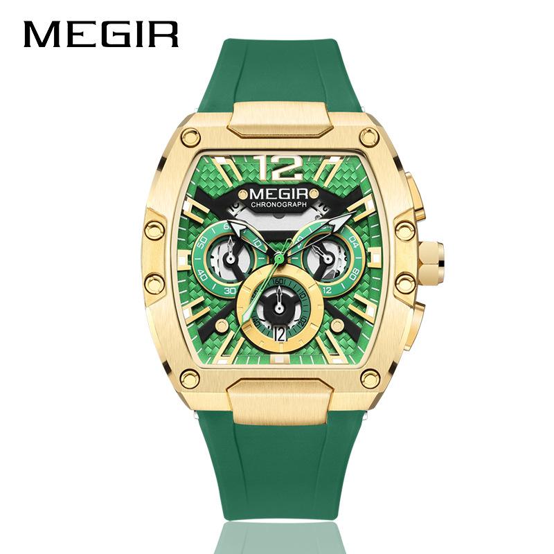 Megir Quartz Watch for Men Waterproof Silicone Strap Fashion Tonneau Case Chronograph Sport Wristwatch with Date Luminous Hands
