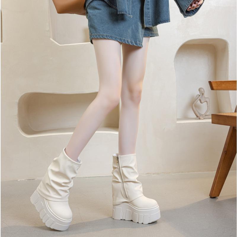 14CM Winter Women High Heels Shoes Belt Buckle Ladies Elegant Platform Flat Short Booties Casual Women's Ankle Boots