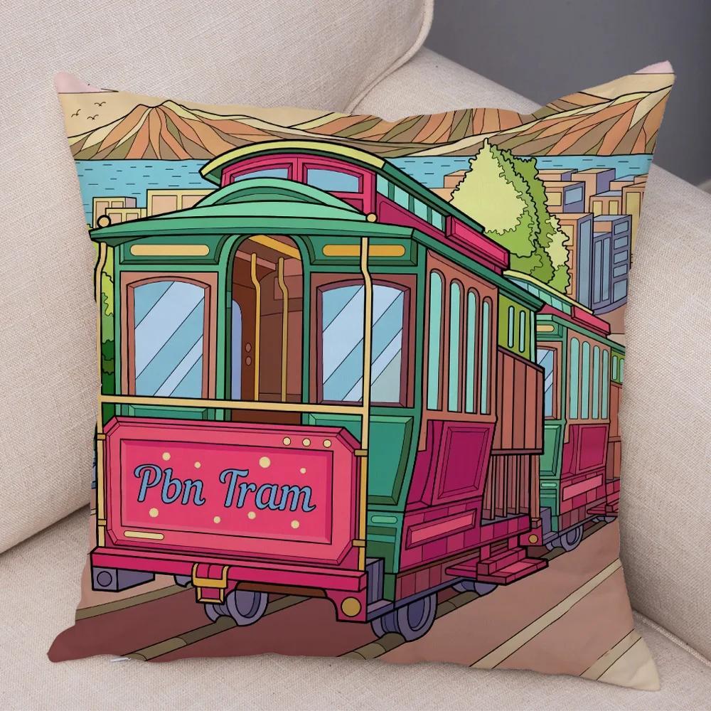 Both Sides Pillow Case Decor Happy Camper Cartoon House Travel Car Cushion Cover for Sofa Home Super Soft Plush Pillowcase