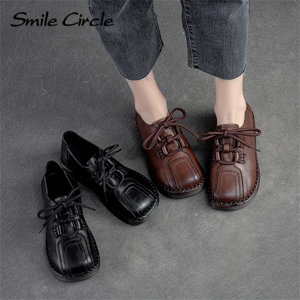 Natural Leather Women's Flat Shoes Lace-up Round Toe Casual Shoes Fashion Retro Work Shoes