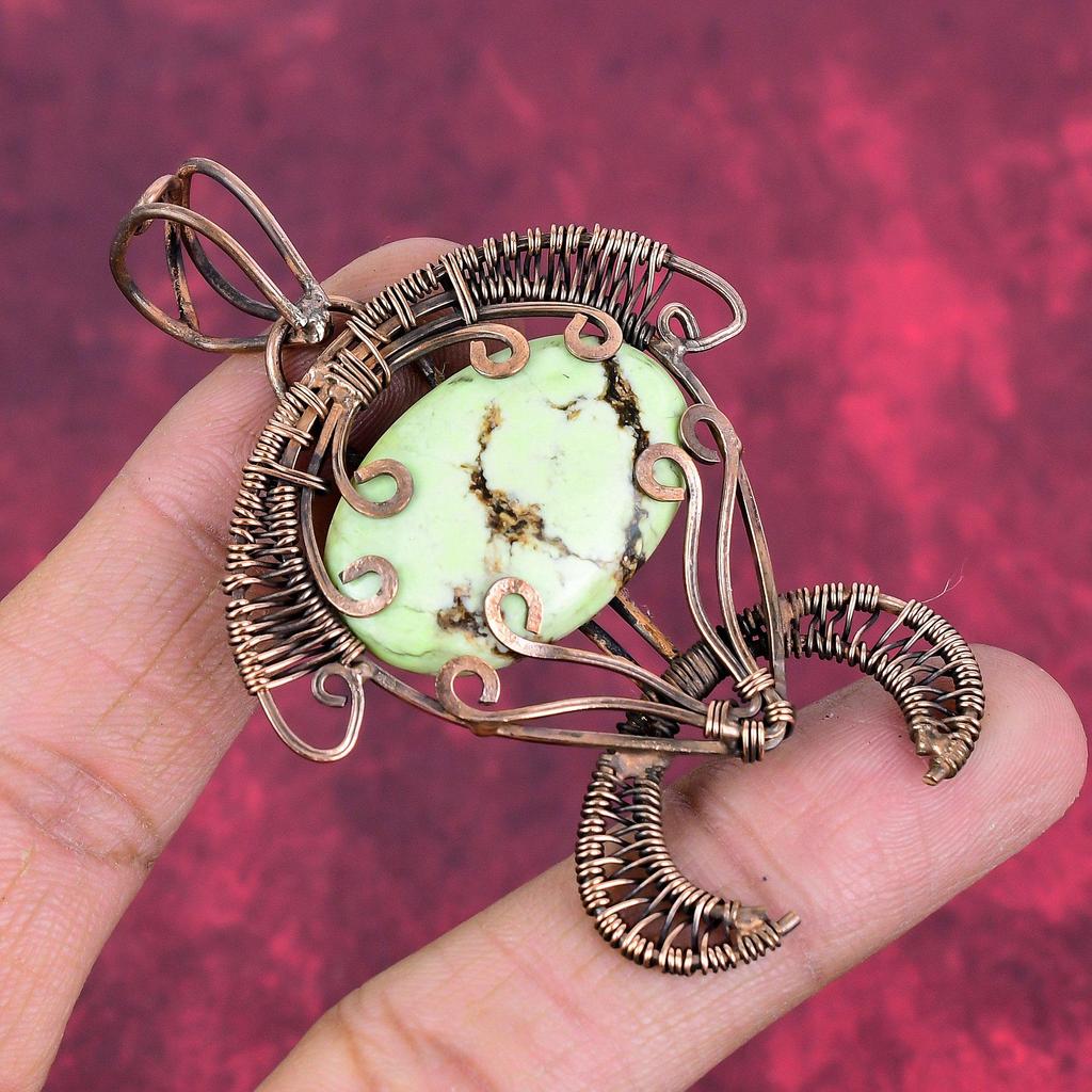 Zitronen-Chrysopras-Anhänger Kupferdraht-umwickelter Anhänger Handgefertigter Schmuck Schildkröten-Anhänger Natürlicher Edelstein-Anhänger Geschenk für sie Kupferschmuck