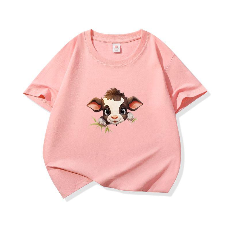 Kids Cotton T Shirt Brown Baby Cow Peeking Over Grass Print Crew Neck Short Sleeve Tee Casual Boys Girls Summer Tops