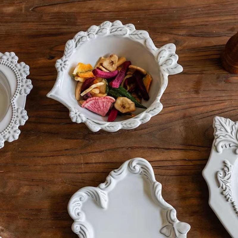 Creative Ceramic Plate Korean Style Floral Shape Relief Porcelain Dinnerware Cake Dessert Snacks Fruit Plates Kitchen Supplies