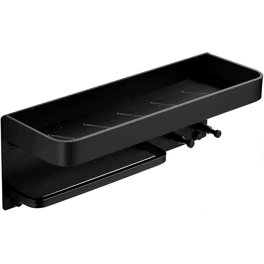 Black Shower Shelf, No Drilling Shower Shelf With Towel Rail And Hook, Aluminum, Rust Proof, For Bathroom And Kitchen